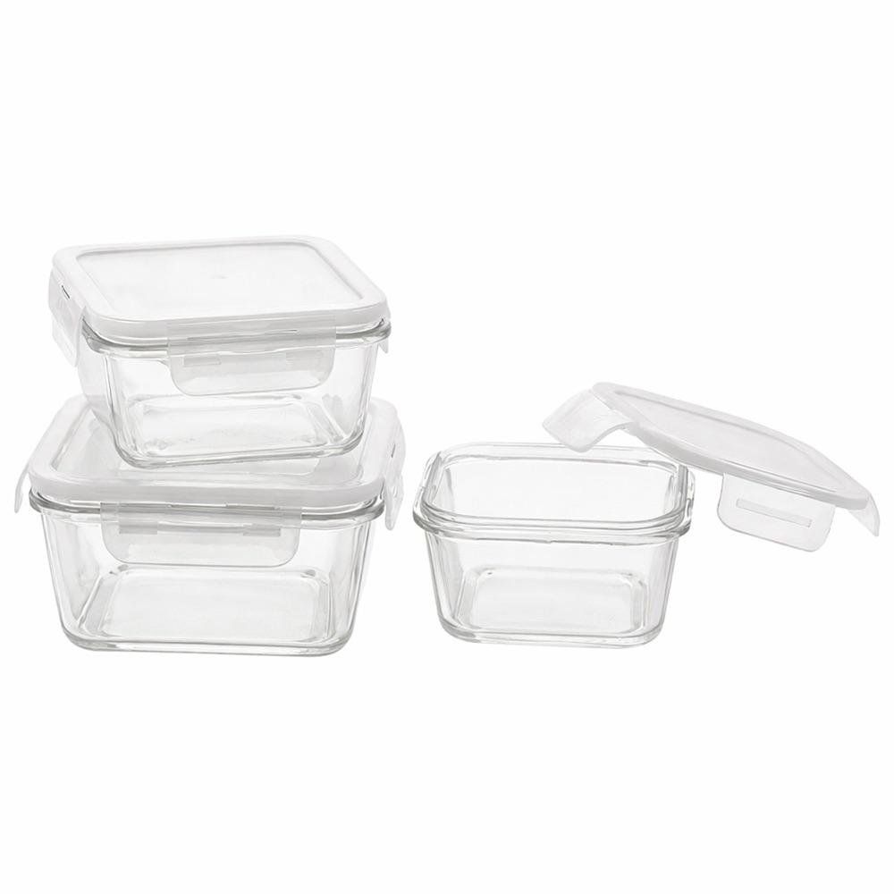 Set de 3 Contenedores Cuadrados de Vidrio con Tapadera Color Transparente