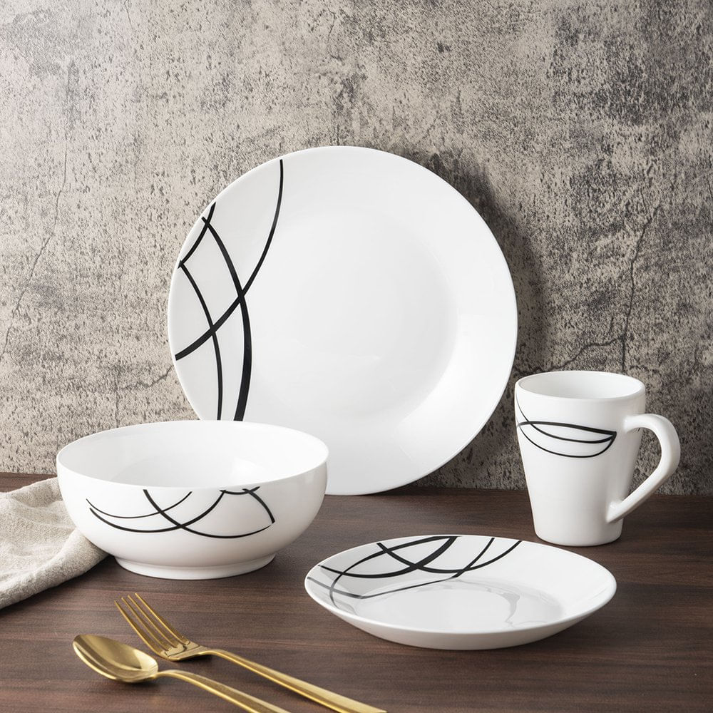 Set de Vajilla de 16 Piezas de Vidrio Opal Diseño Líneas Color Blanco Vajilla de 16 Piezas…