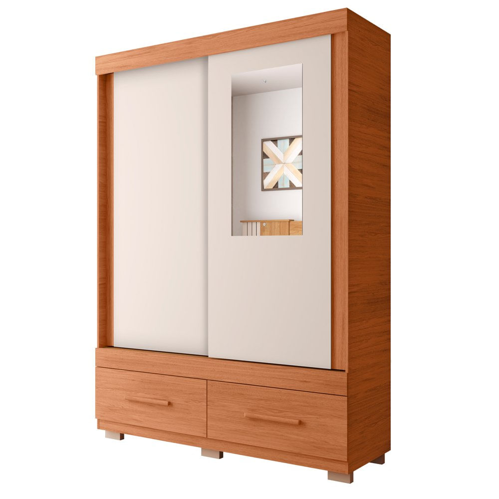 Armario Sereno de 136.2 cm con Puerta Corrediza, Espejo y 2 Gavetas Color Café y Beige