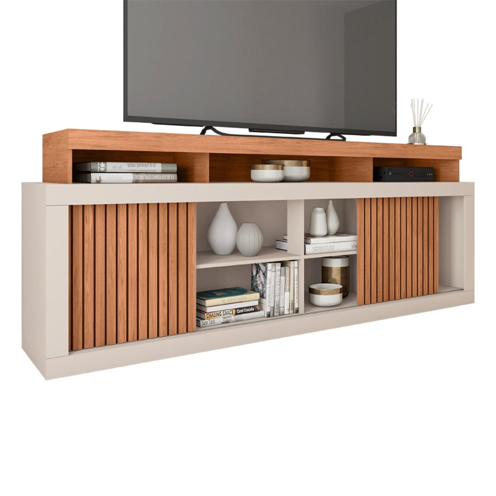 Mueble para TV de hasta 70" Aegon de 180 cm con Estantes Abiertos y Puertas Corredizas Beige y Madera
