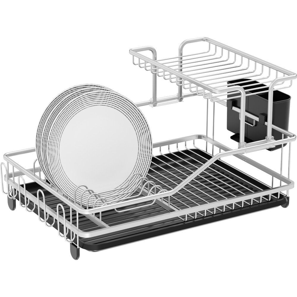 Escurridor de Platos de 2 Niveles de Aluminio con Bandeja de Goteo Color Plata y Negro Esc…