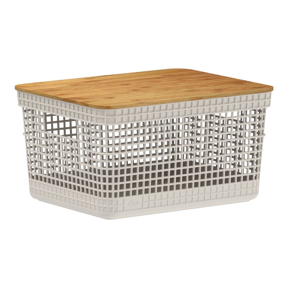 Canasta Grid de Plástico 8 L con Tapadera de Bambú Color Beige
