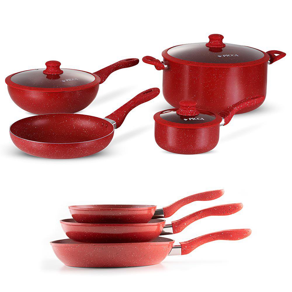 Batería de Cocina Verona 7 Piezas con Set de Sartenes de Aluminio y Mármol Color Rojo