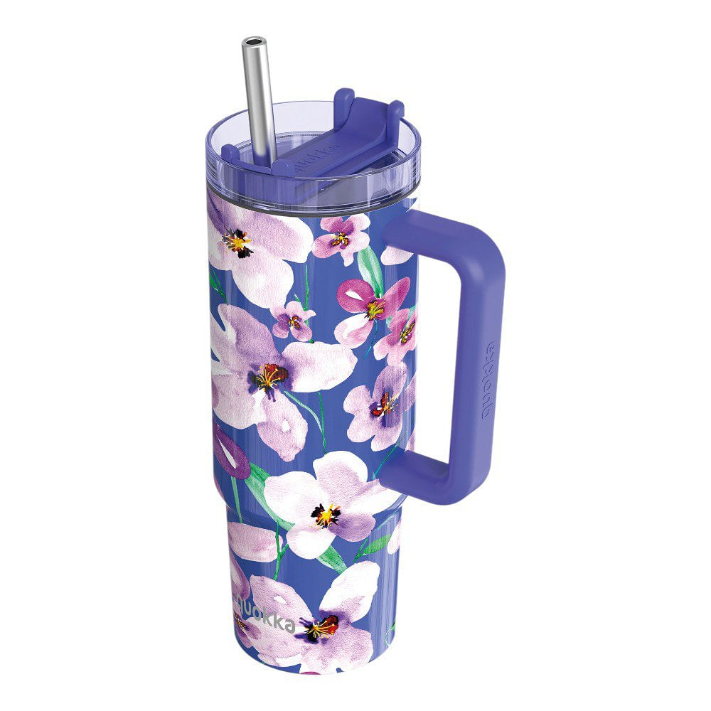 Vaso Térmico de Acero Inoxidable de 950 mL con Asa y Pajilla Estampado Floral Azul