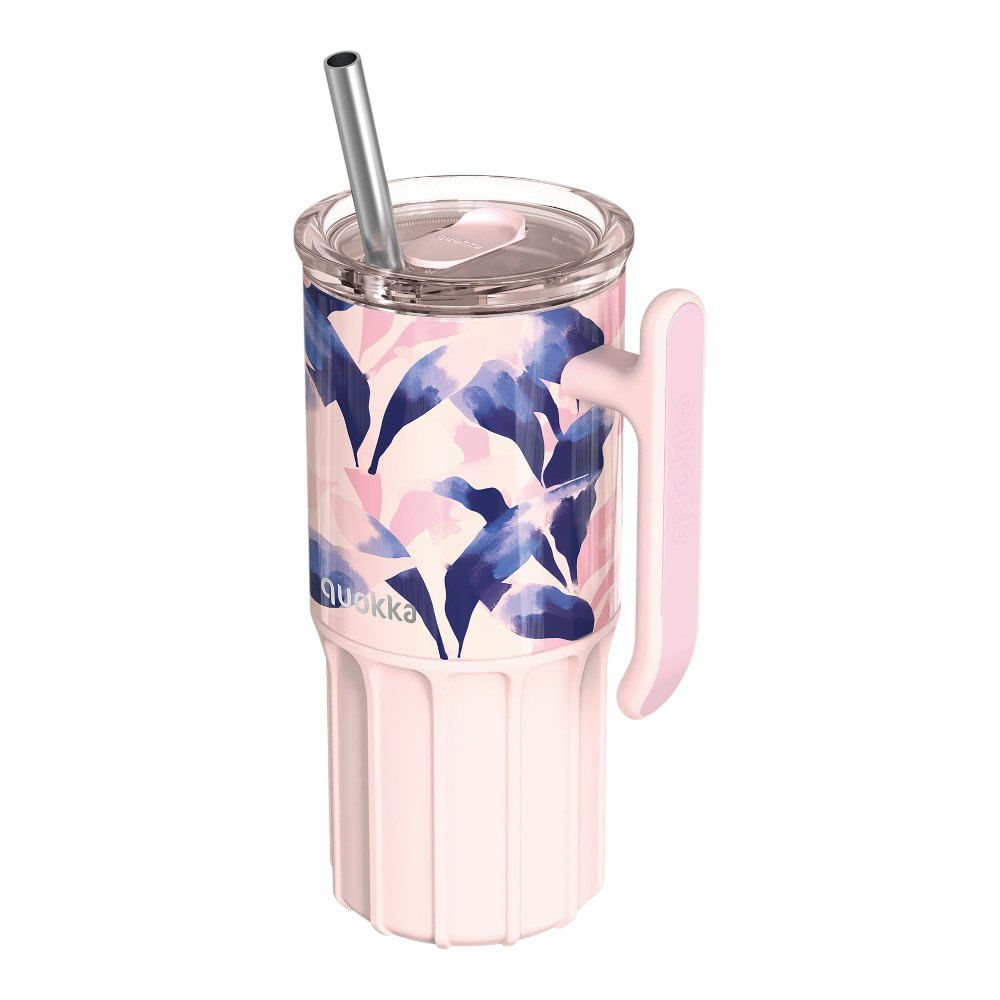 Vaso Térmico de Acero Inoxidable de 720 mL con Asa, Pajilla y Base de Silicona Color Rosad…