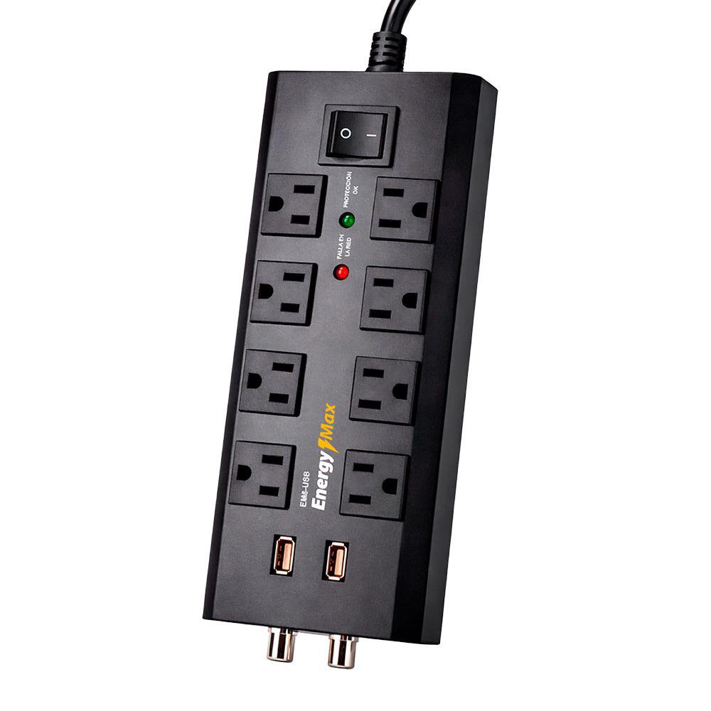 Protector de Sobretensiones con 8 Salidas CA, Coaxial y 2 USB en Color Negro