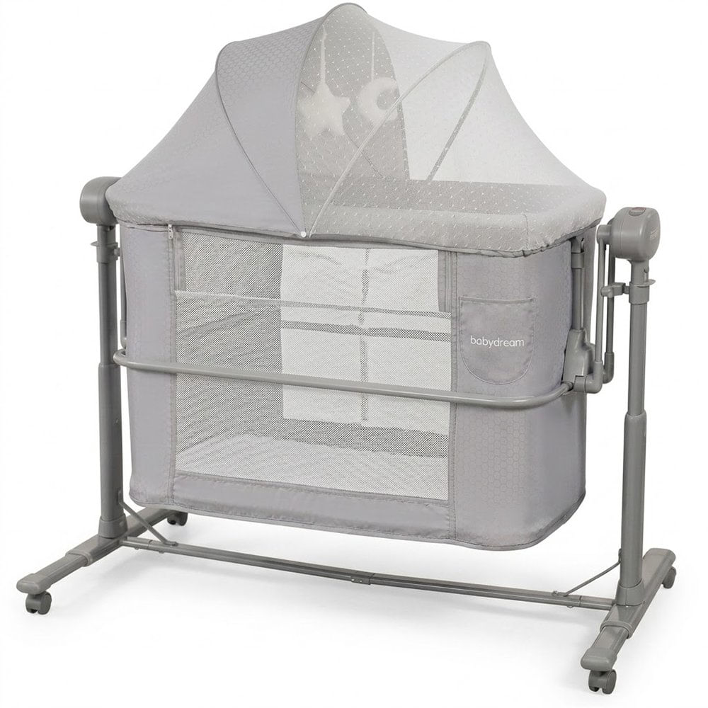 Cuna Colecho Multifuncional con Balanceo, Bluetooth y Control Remoto Gris de 114 x 65 x 78 cm