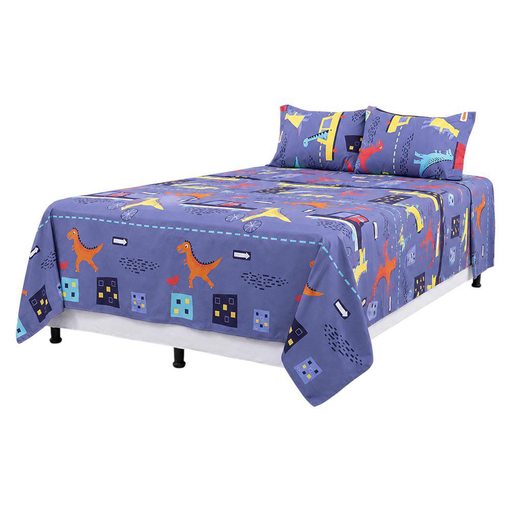 Set de Sábanas Queen Diseño de Dinosaurios Color Azul Multicolor de 3 Piezas
