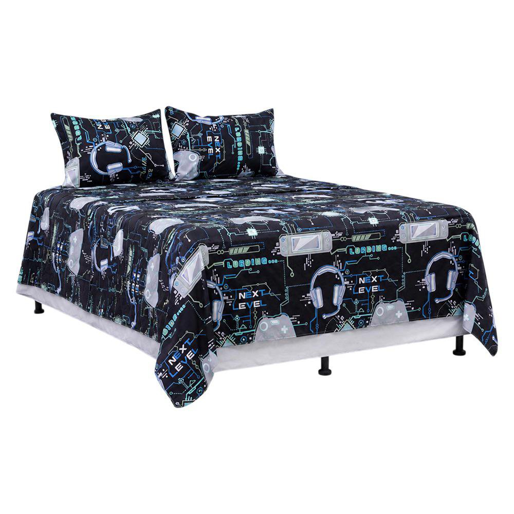 Set de Sábanas Queen Diseño Gamer Color Negro Multicolor de 4 Piezas