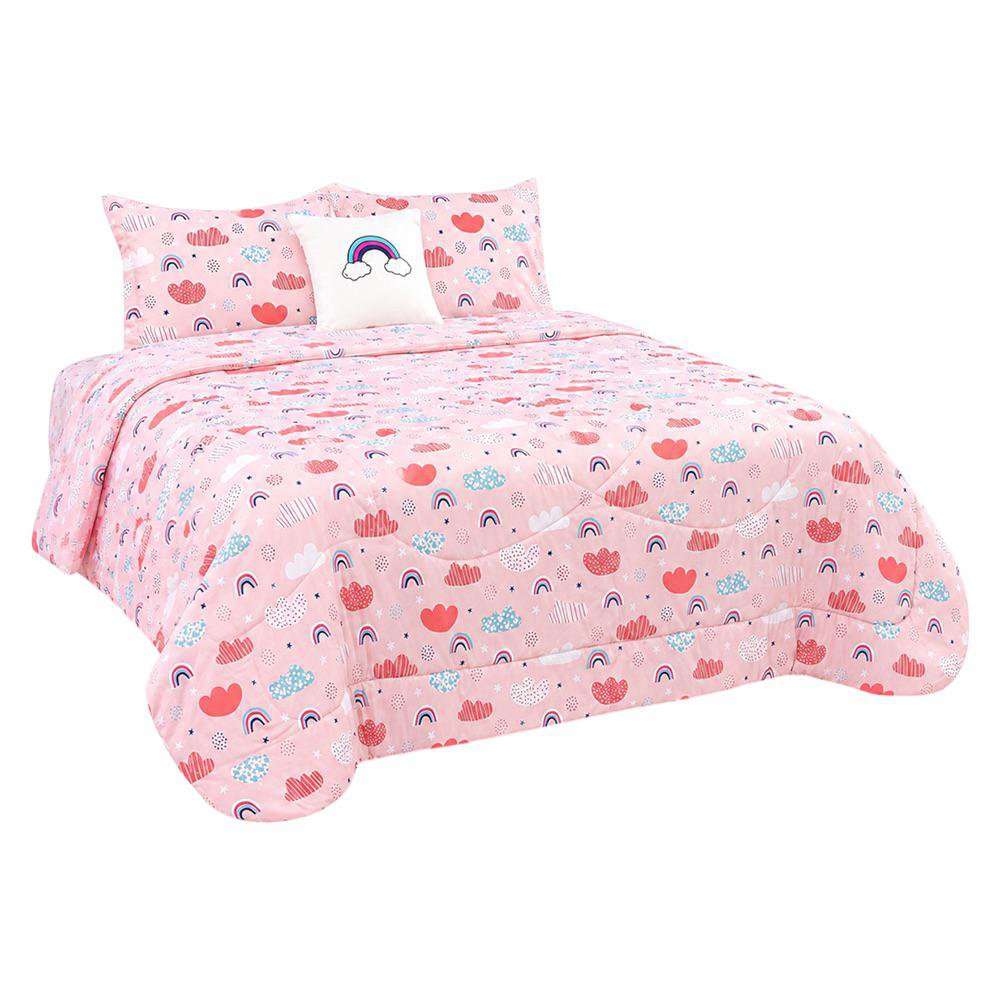 Set de Edredón Queen Diseño de Nubes y Arcoíris Color Rosado de 4 Piezas
