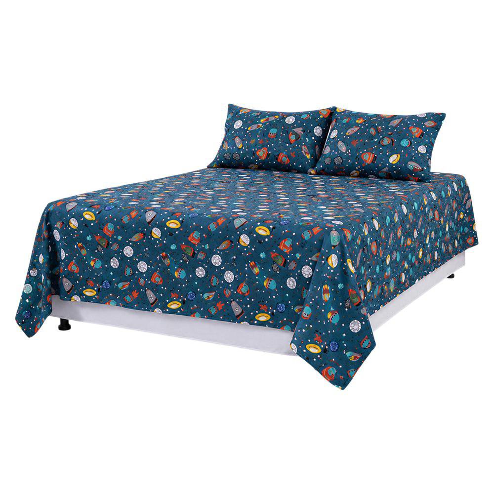 Set de Sábanas Queen Diseño de Cohetes Color Azul Multicolor de 3 Piezas