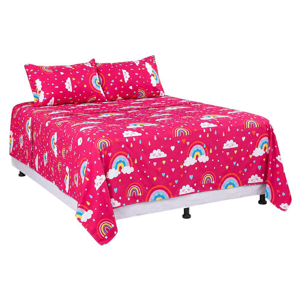 Set de Sábanas Queen Diseño de Arcoíris Color Rojo Multicolor de 3 Piezas