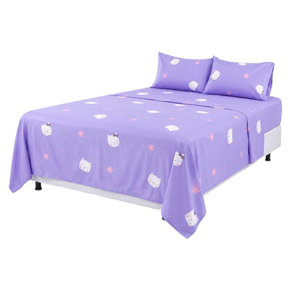 Set de Sábanas Queen Diseño de Gatitos Color Lila de 4 Piezas