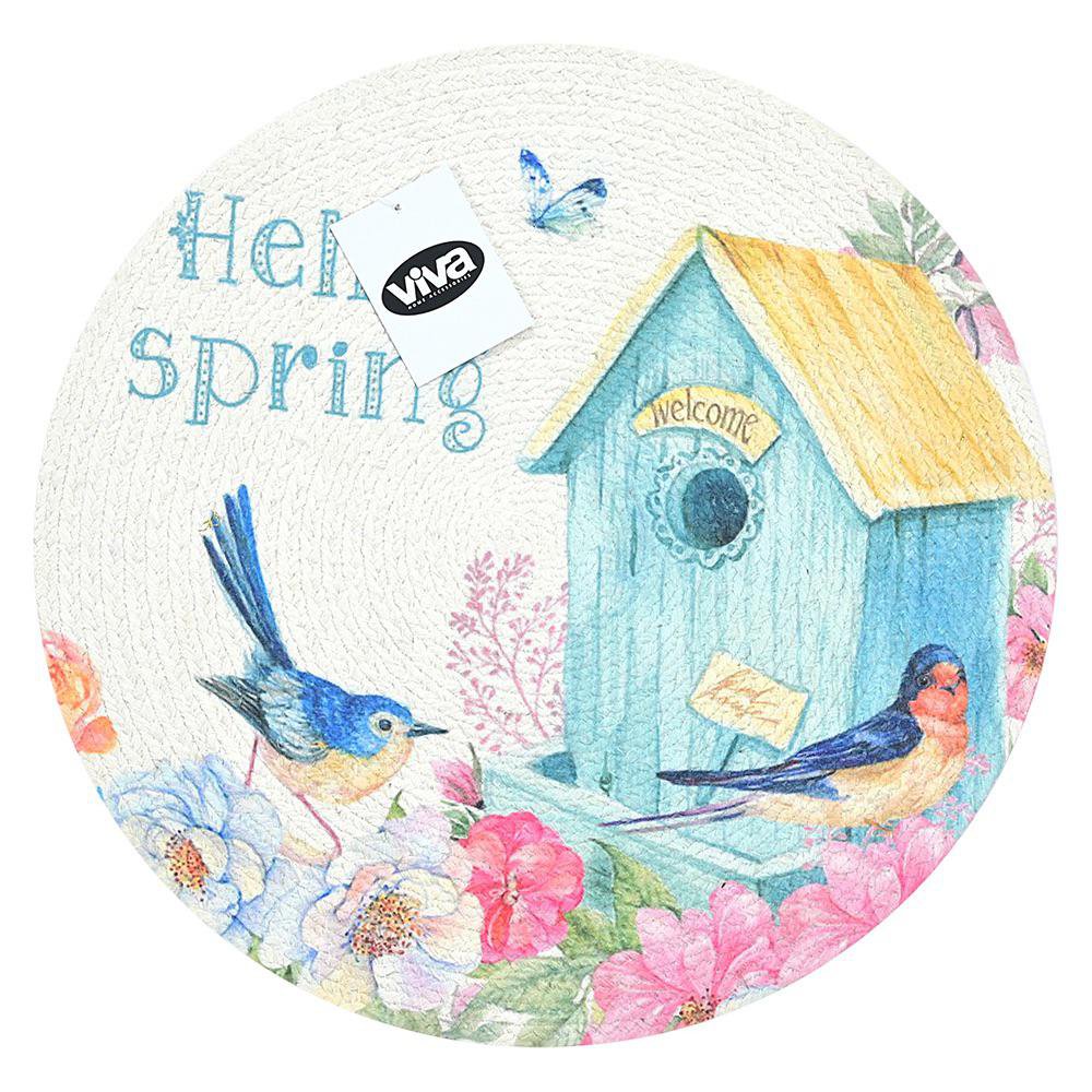Individual Redondo de Poliéster Primavera para Mesa de 38 cm "Hello Spring" Blanco y Azul