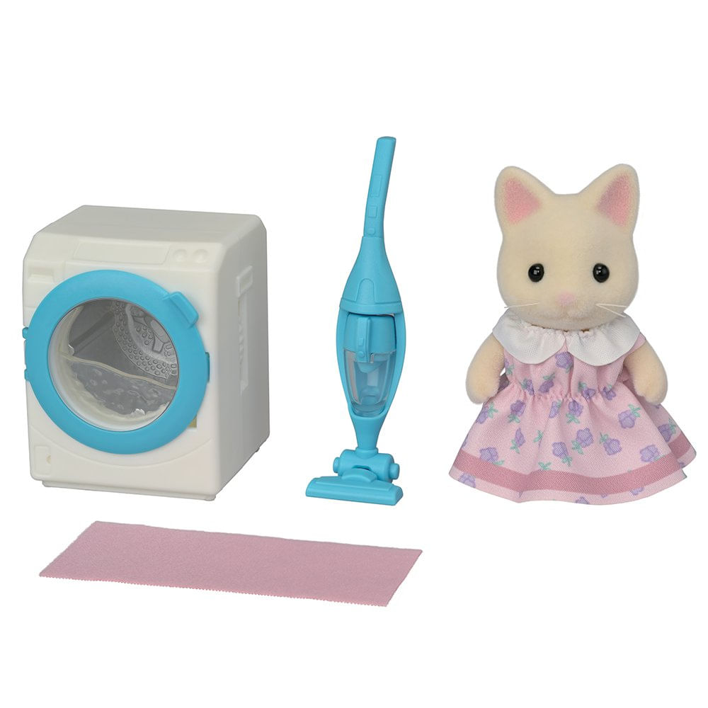 Sylvanian Families Floral Cat Girl’s Wash & Clean Set de Lavandería con Figura y Aspirador…