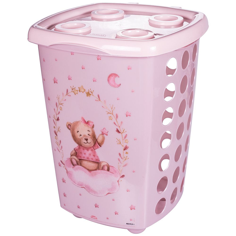 Canasta Decora 38 Litros para Ropa y Organización Diseño Oso Color Rosado