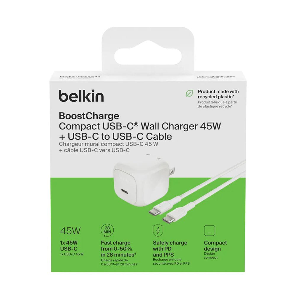 Cargador de Pared BoostCharge USB-C de 45W con Cable USB-C en Color Blanco