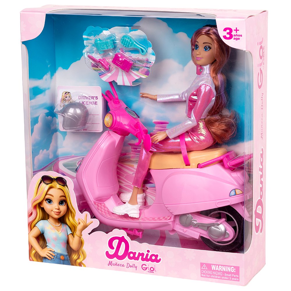 Muñeca Dania con Motocicleta y Accesorios de 12 Plg 3+ Años Muñeca Dania de 12 Plg con Mot…