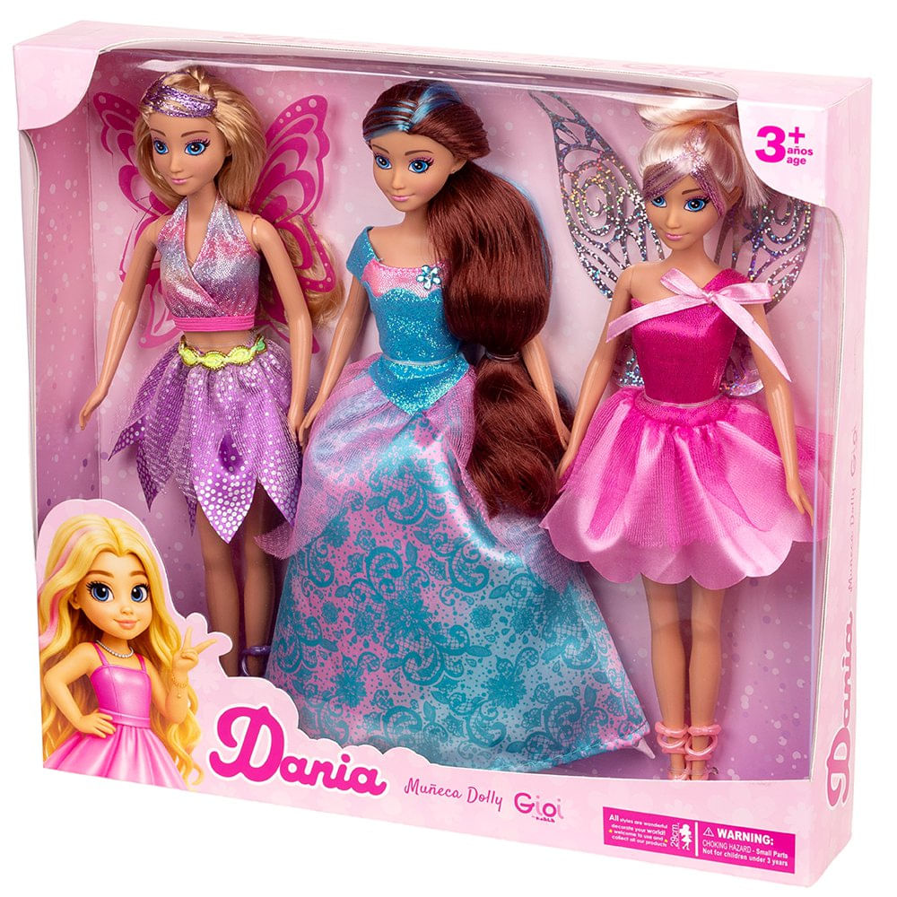 Set de 3 Muñecas Dania Hadas y Princesa de 12 Plg 3+ Años Set de 3 Muñecas Dania de 12 plg…