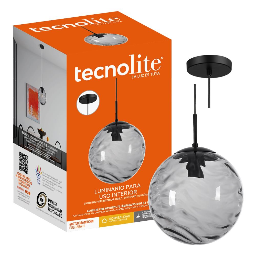 Lámpara Colgante Tipo Globo de Cristal Humo y Negro Base E27 60W 1.87 m