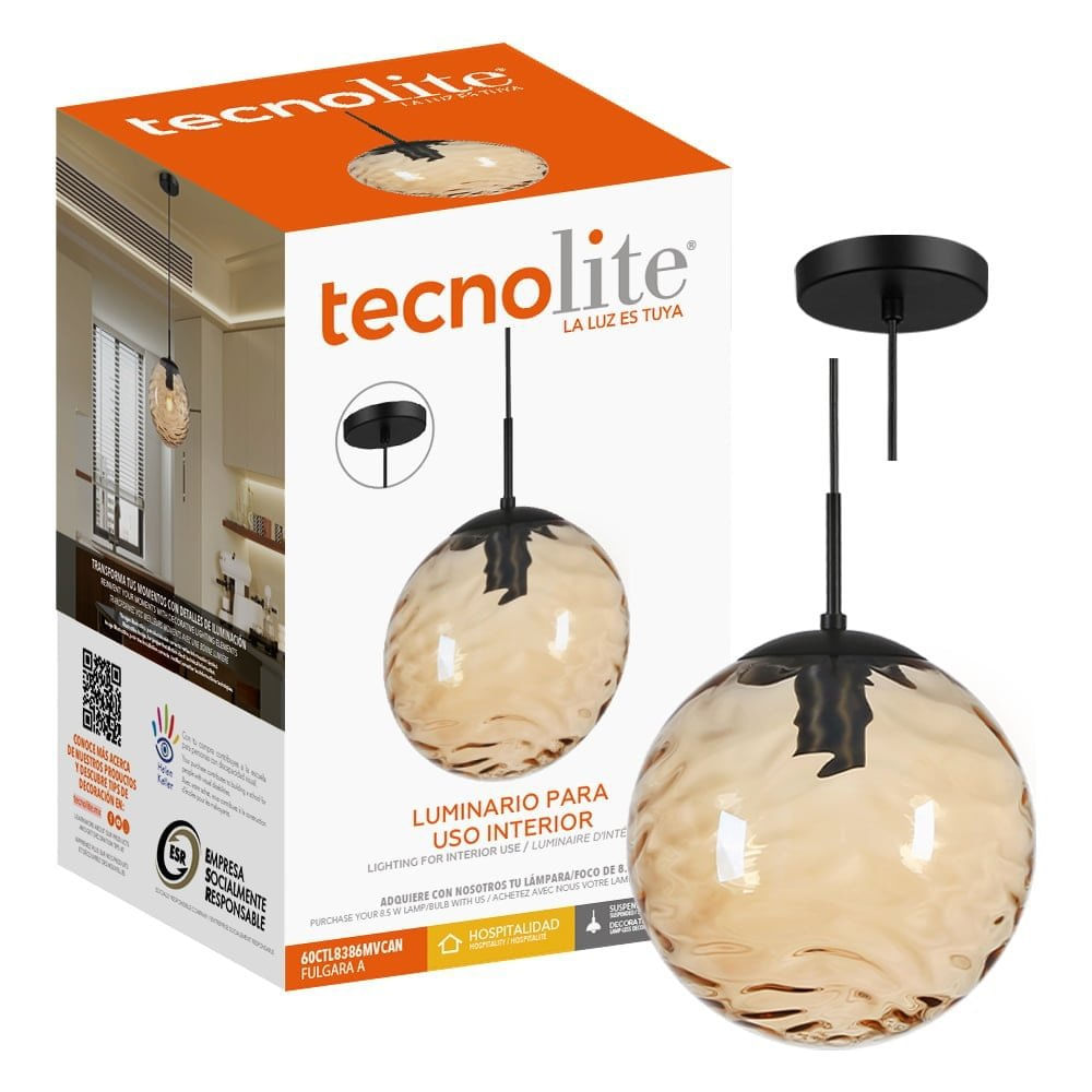 Lámpara Colgante Tipo Globo de Cristal Ámbar y Negro Base E27 60W 1.87 m