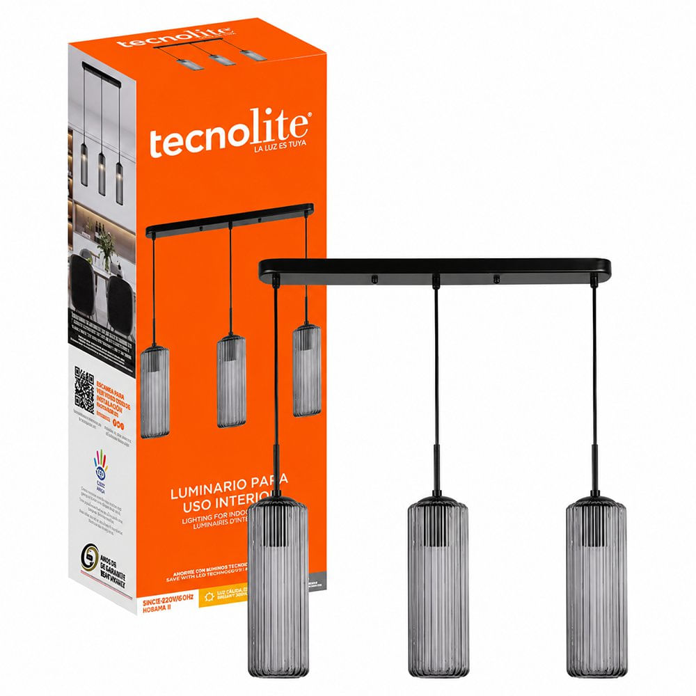 Lámpara Colgante Lineal con 3 Luces de Cristal Humo Base E27 180W 1.92 m