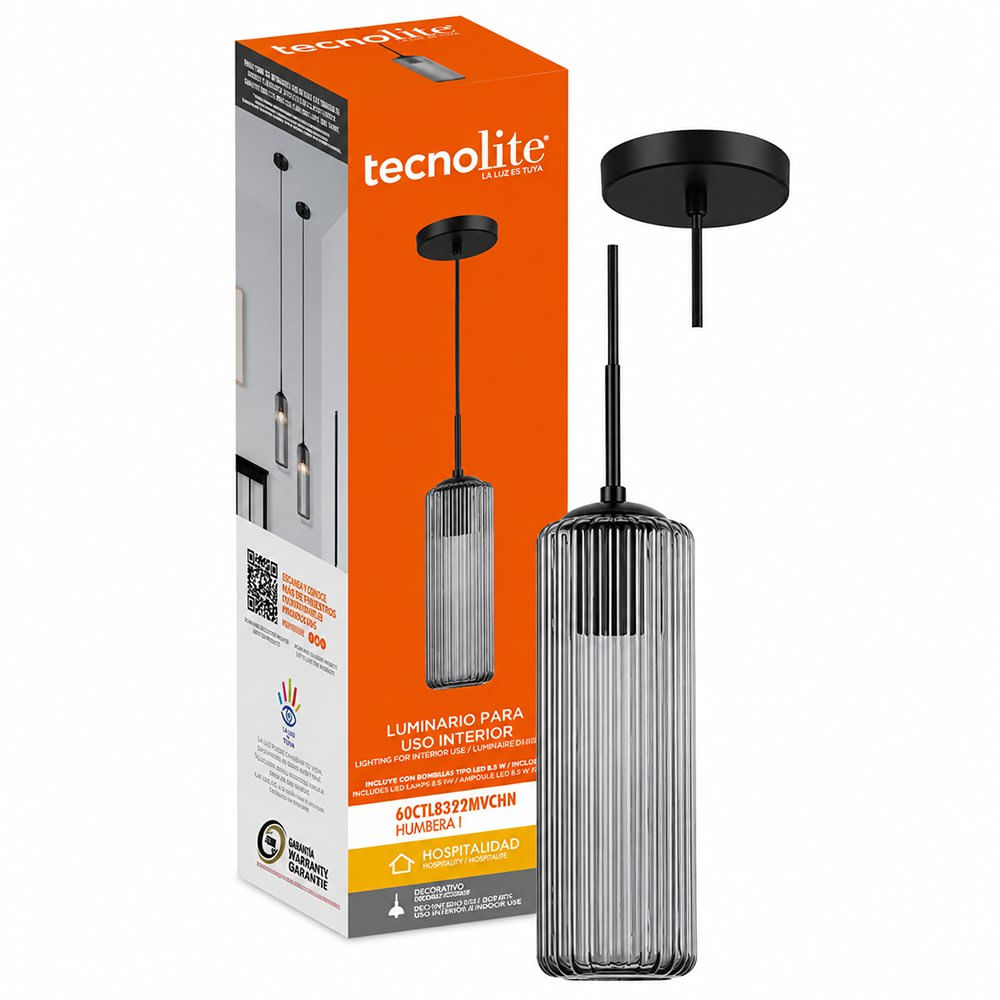 Lámpara Colgante Tubular Acanalada de Cristal Humo Base E27 60W 1.92 m