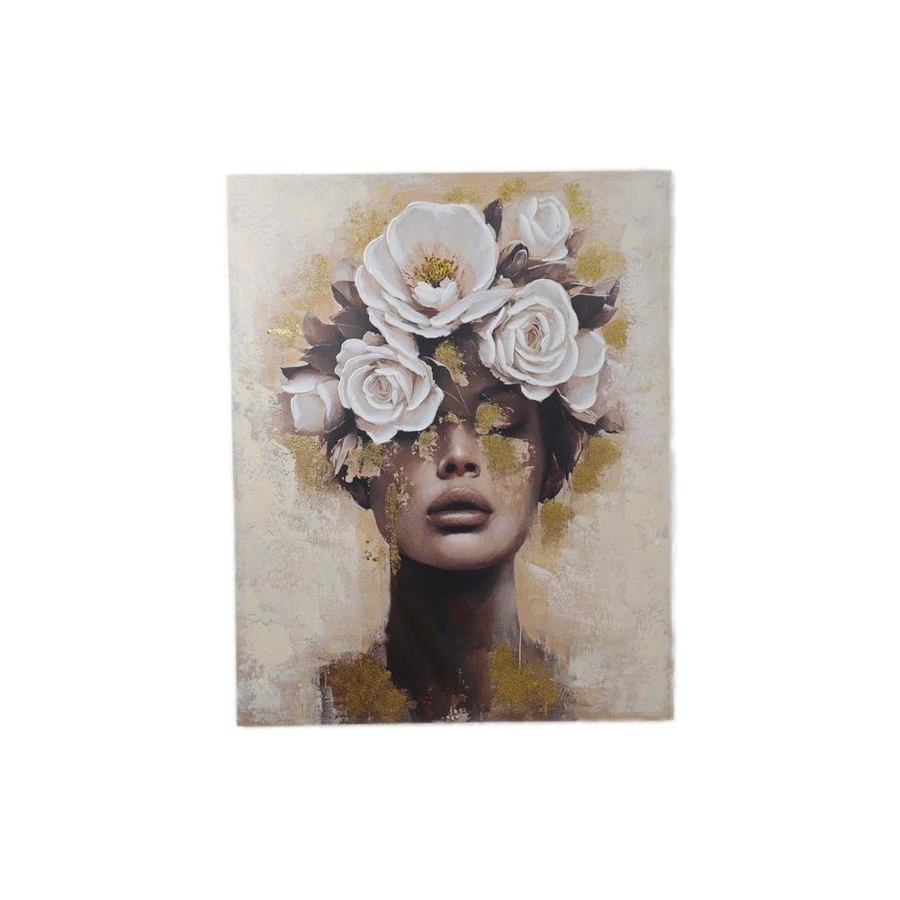 Cuadro en Canvas Dama con Flores Decorativas 80 x 100 cm Color Beige y Dorado