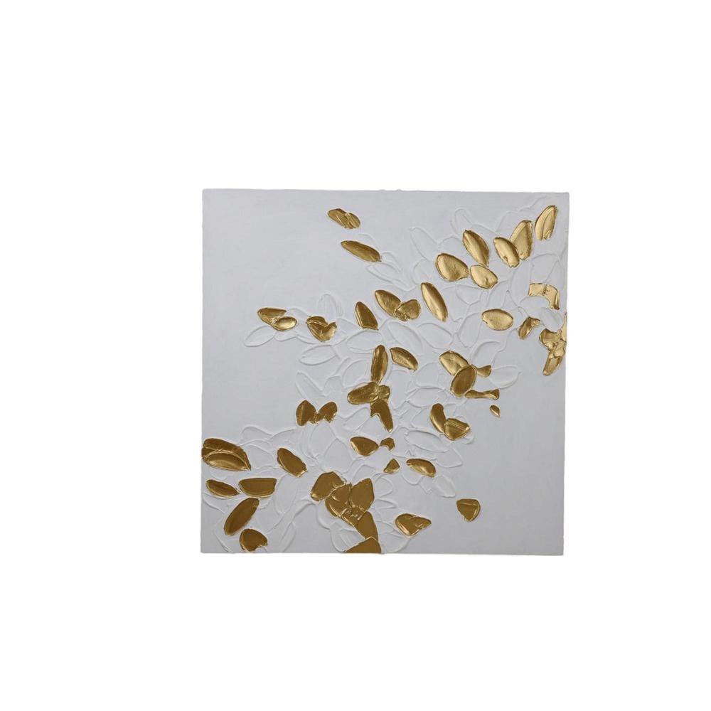 Cuadro en Canvas con Relieve Floral 80 x 80 cm Color Blanco y Dorado