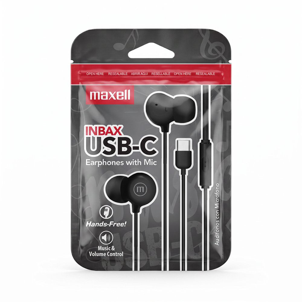 Audífonos Alámbricos In-Ear USB-C con Micrófono y Control de Volumen Negros Maxell