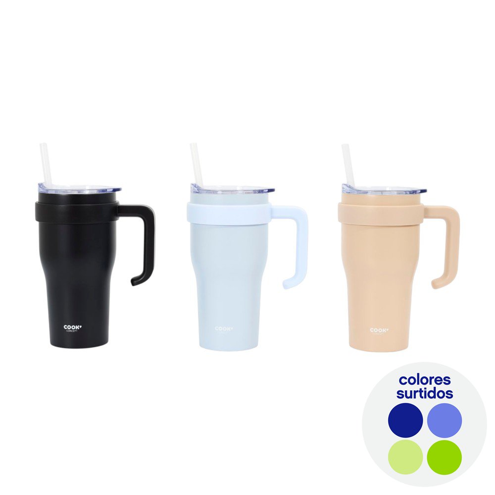 Termo de Acero Inoxidable con Pajilla y Asa Colores de 600 ml - Colores Surtidos