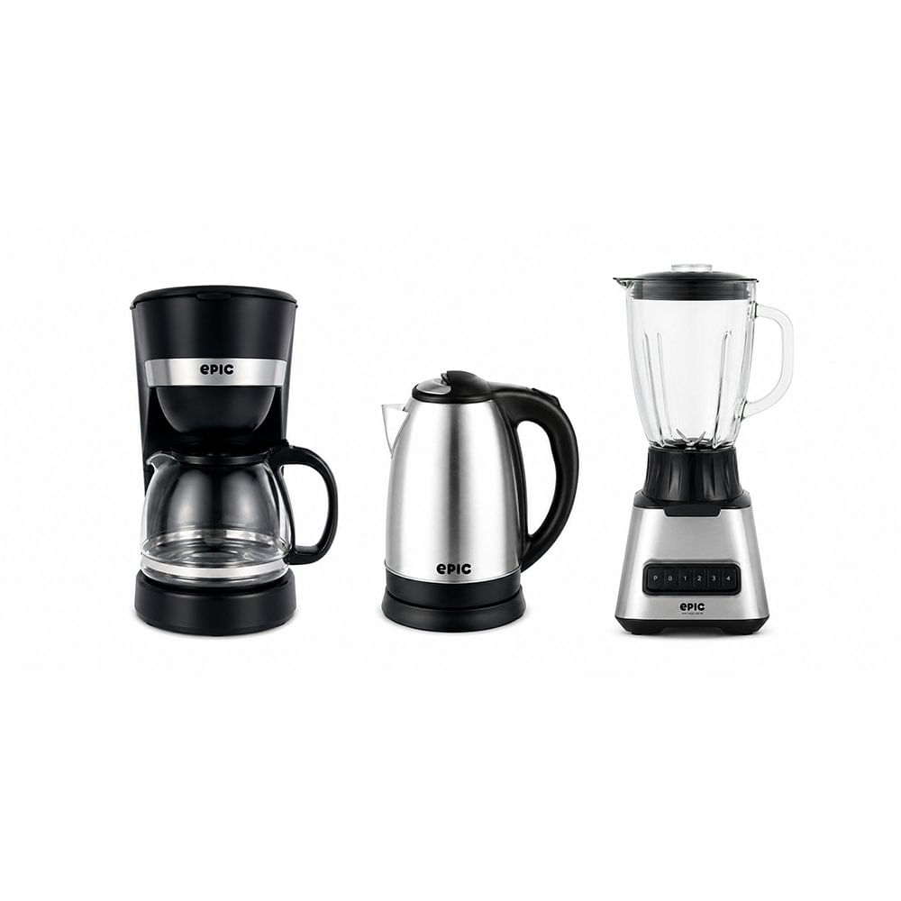 Combo de Cafetera, Licuadora y Hervidor Eléctrico de Acero Inoxidable