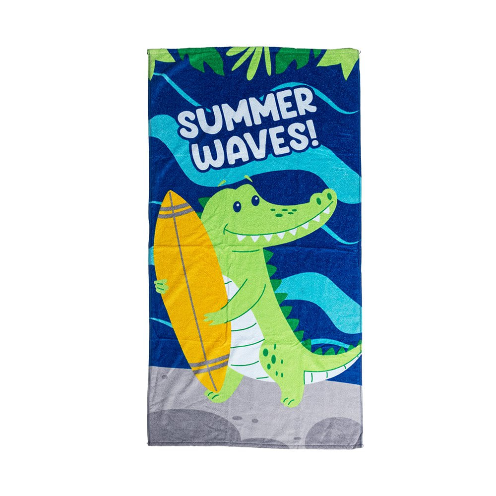 Toalla de Playa Infantil de Algodón 30 x 60 Plg Diseño Cocodrilo Surfista Azul y Verde