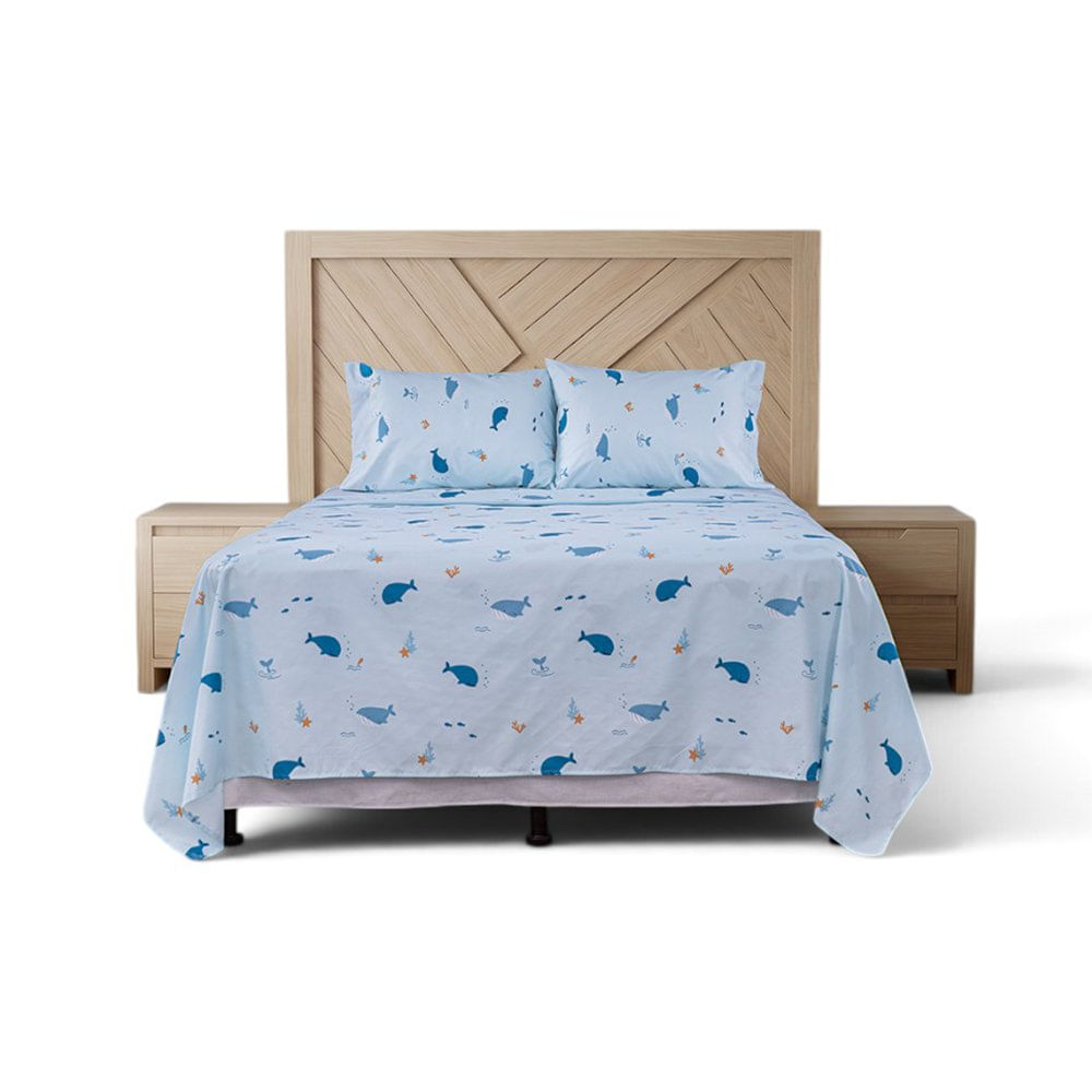 Set de Sábanas Moby Diseño Marino de Ballenas Color Azul - Varios Tamaños Imperial