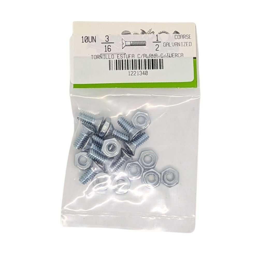 Tornillos Tipo Estufa Galvanizados 3/16 x 1/2 Plg con Tuerca 10 Unidades
