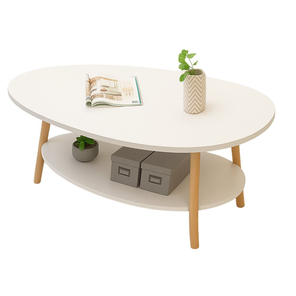 Mesa de Centro Ovalada con Patas de Madera 90 x 50 x 42 cm Color Blanco Mesa de Centro Ovalada Color Blanco con Patas de Madera 90 x 50 x 42 cm