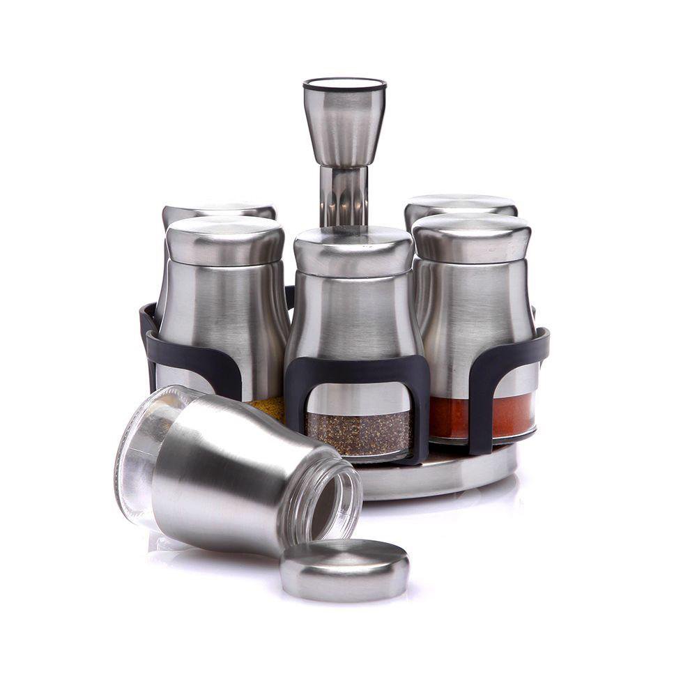 Set de 6 Especieros de Vidrio con Base Giratoria de Acero Inoxidable