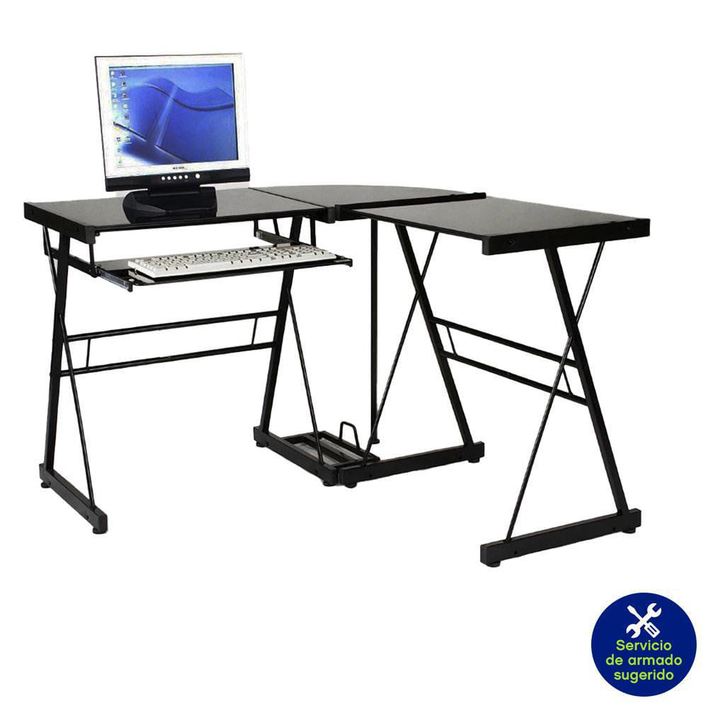 Escritorio en L con Top de Vidrio 130 x 50 x 73 cm Color Negro Escritorio en L de Vidrio y Metal con Porta Teclado para Oficina Negro 130 cm