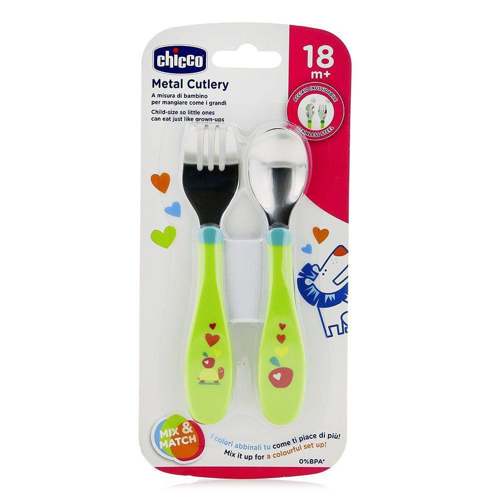 Set de Cubiertos de Acero Inoxidable para Niños con Mango Verde, 2 Piezas