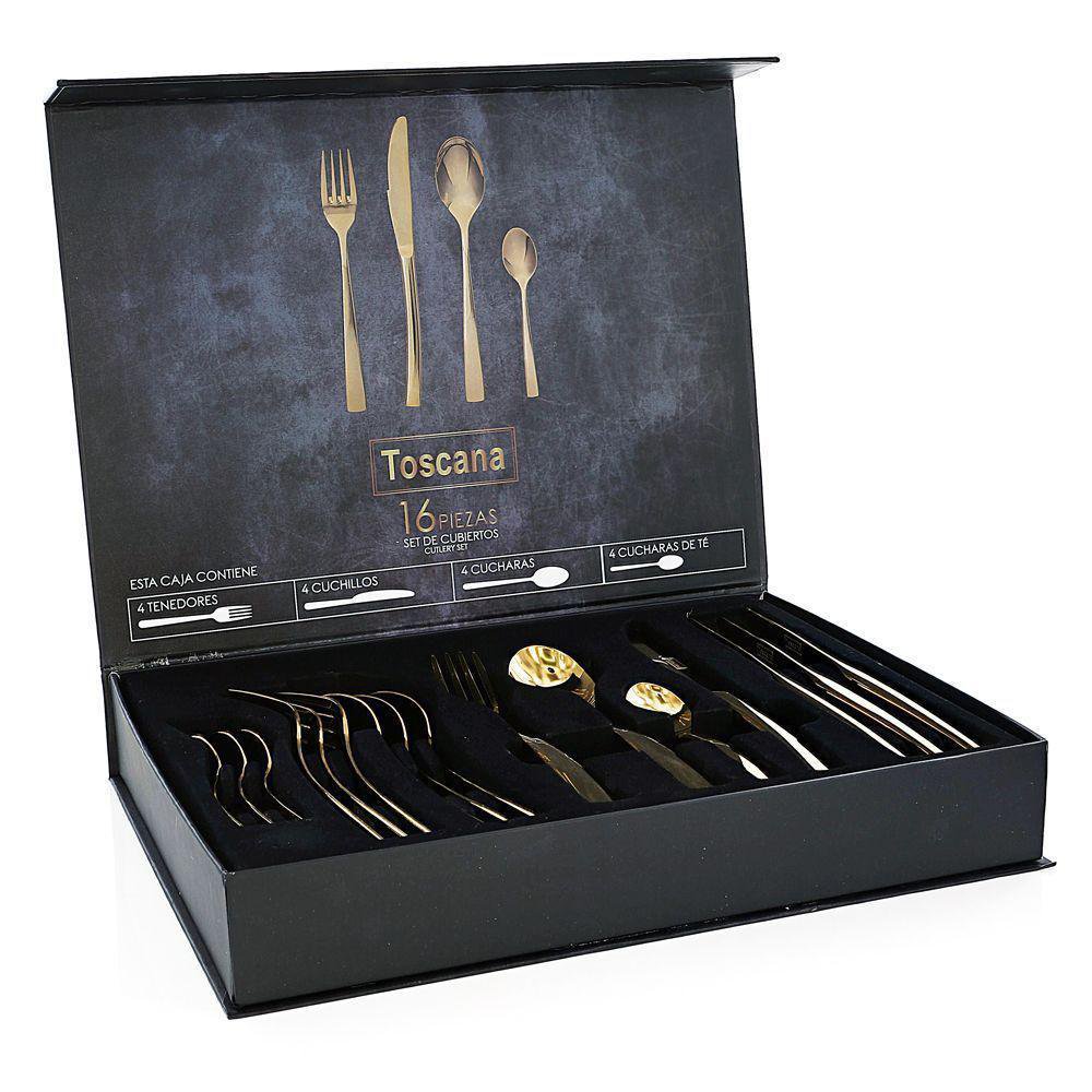 Set de 16 Cubiertos de Acero Inoxidable 18/0 para Servicio de Mesa Dorado Set de 16 Cubier…