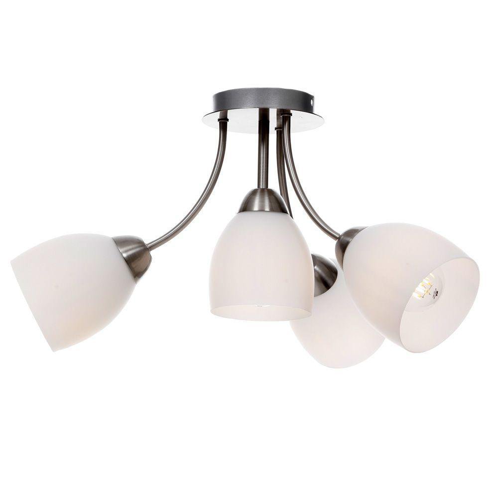 Lámpara de Techo de 4 Luces Vidrio Opal Satinado y Base Plateada Metálica E27 60W