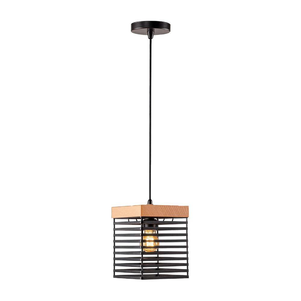 Lámpara Colgante de 1 Luz Tipo Reja Cuadrada Madera y Metal Negro E27 60W