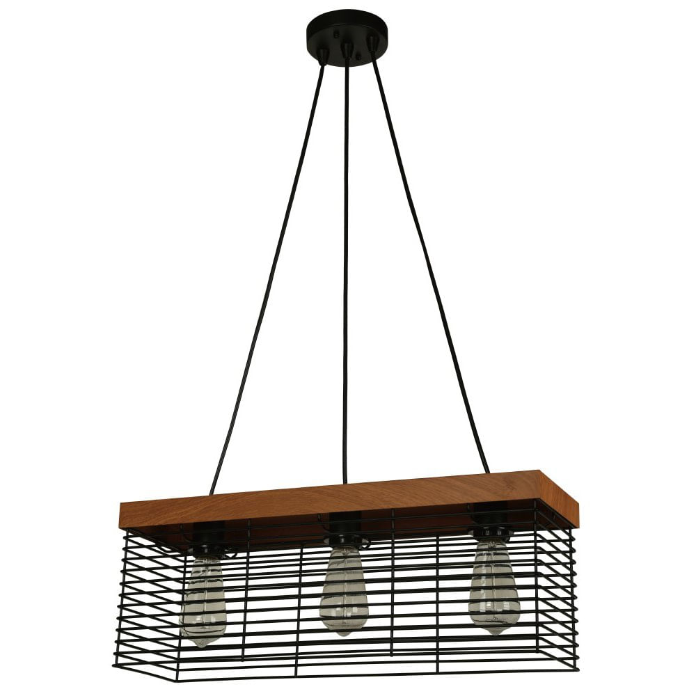 Lámpara Colgante de 3 Luces Tipo Reja Rectangular Madera y Metal Negro E27 60W