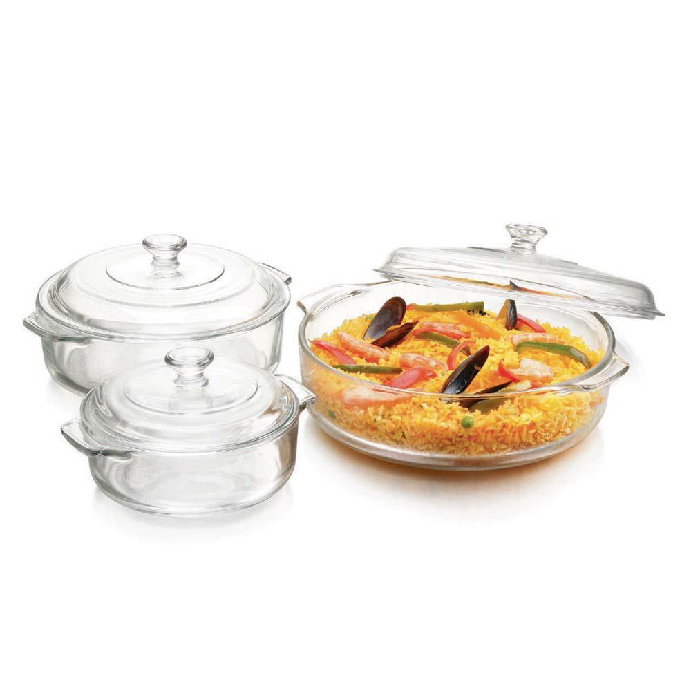 Set de 3 Cacerolas de Vidrio con Tapadera Color Transparente Juego de 3 Cacerolas de Vidrio con Tapa