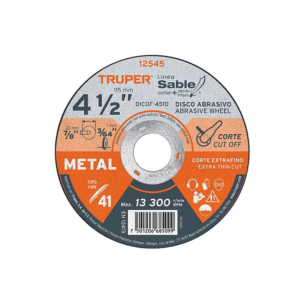 Disco Abrasivo para Corte en Metal de 4 1/2 x 3/64 plg
