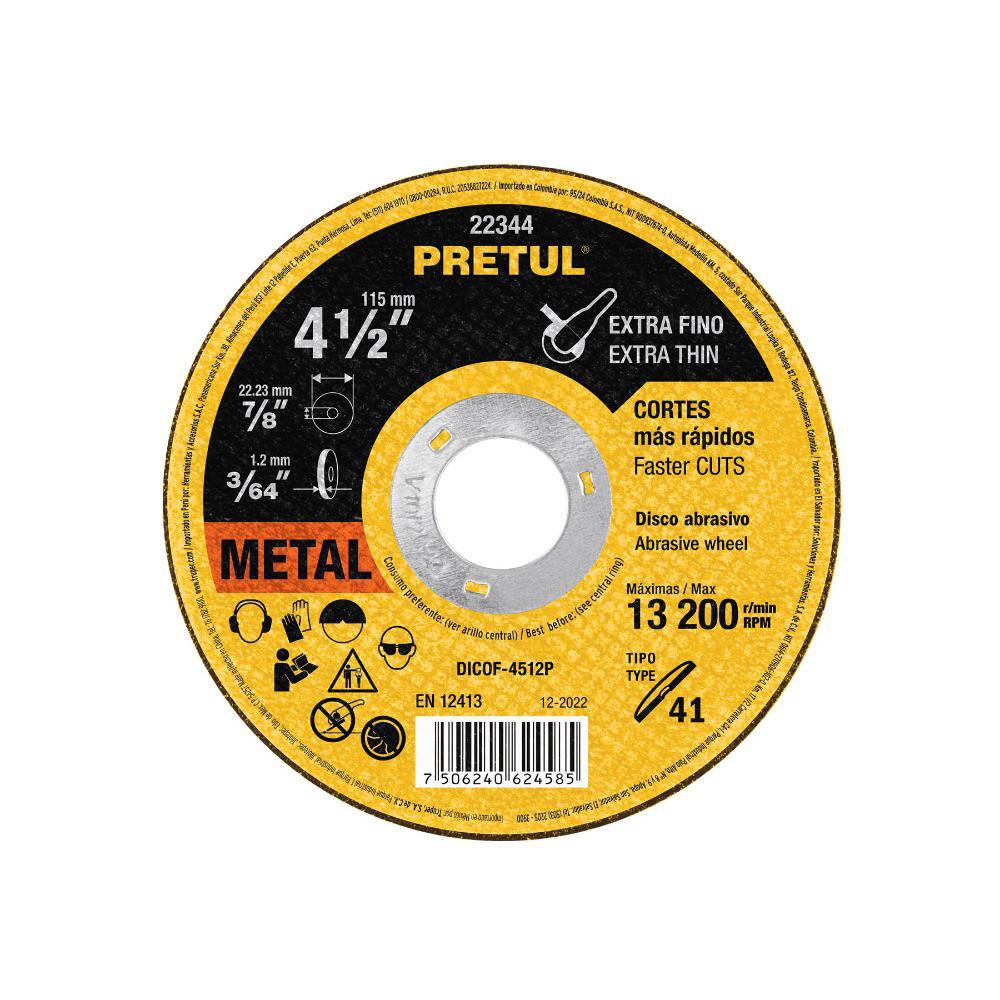 Disco Abrasivo para Corte Fino de Metal 4 1/2 x 3/64 plg