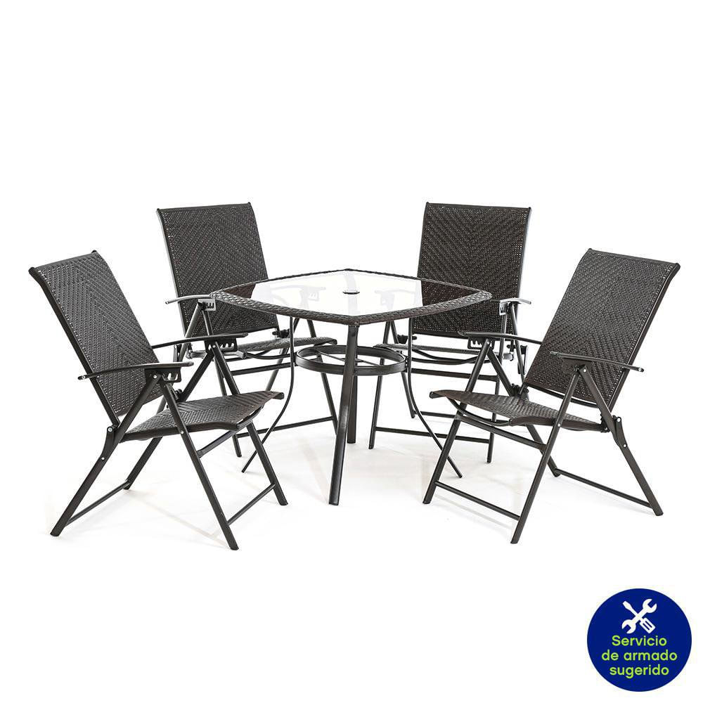 Set de Comedor de Exterior de Metal y Ratán Sintético Diseño Plegable 5 Piezas Color Negro Set de Comedor para Exterior Ratán Negro 5 Pzs