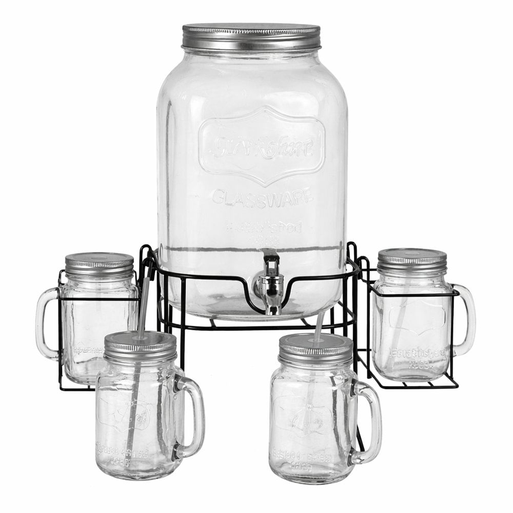 Dispensador de Bebidas de Vidrio de 8 L con Base Metálica y 4 Vasos