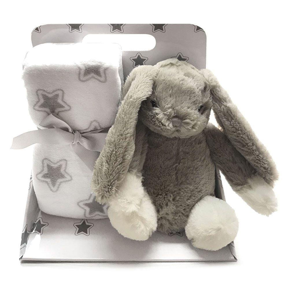 Conejito de Peluche con Frazada Diseño Estampado Color Gris Conejito de Peluche con Frazad…