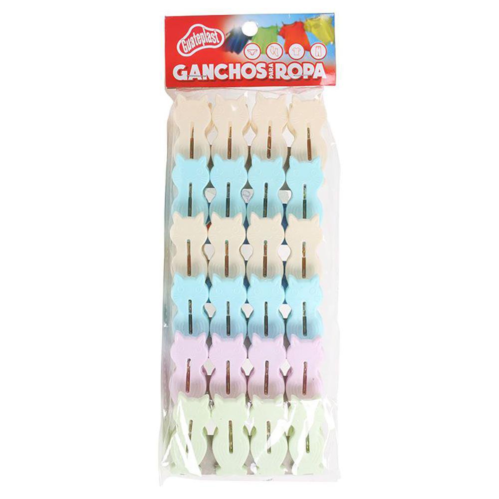 Set de 24 Ganchos para Ropa de Plástico Diseño Gato Color Surtido